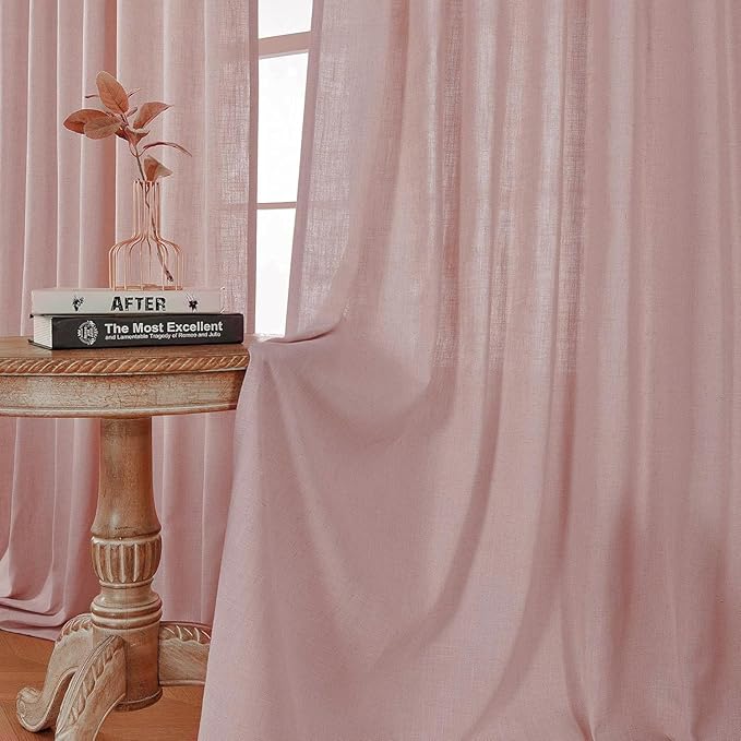 Joydeco Linen Curtains for Living Room,Light Filtering Rod Pocket Back Tab Semi Sheer Drapes Window Long Curtains 108 inches Long Sheer Bliss