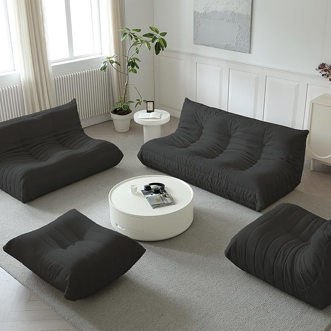 Luxury Sofa Couch Chair, Lazy Floor Seating, Fireside Bean Bag Chair, Ergonomic Tatami Sofa Lounger for Living Room, Bedroom, Office, Loveseat, Black