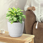 10/9/8 inch Medium Plant Pots, Set of 3 Modern Decorative Plastic Planters with Drainage Holes and Saucers for Garden House Plants, Flower Pots for Indoor Outdoor Plants, Speckled White