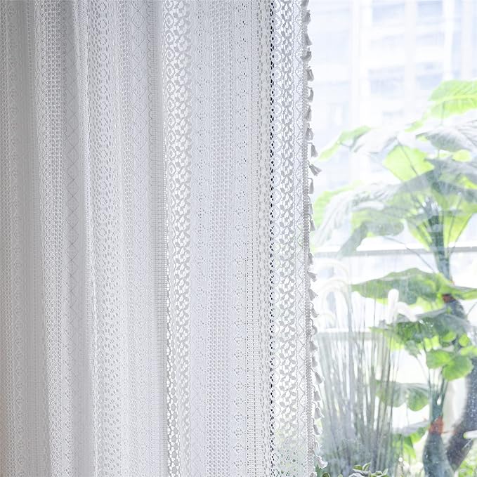 Sutuo Home Cream White Crochet Boho Curtain 84 Inches Length, Sheer Lace Handmade Tassels Knitted Window Treatment Vintage Rustic Bohemian Farmhouse Drape for Bedroom Rod Pocket 1 Panel 59" W x 84" L
