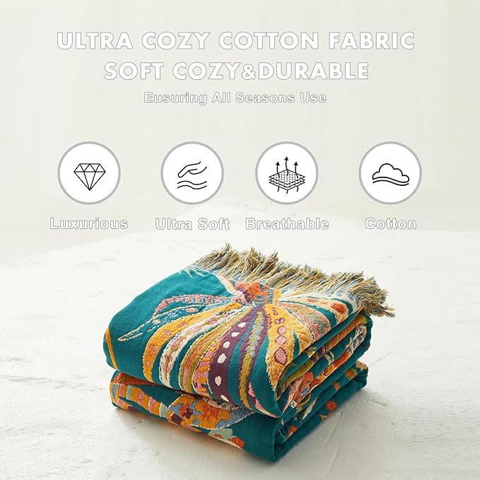 MSGKV Boho Throw Blanket for Couch Bed Chair 100% Cotton Muslin Breathable Embroidery Blanket 50"x60" Sofa Blankets for All Seasons Lightweight Farmhouse Blankets Boho Home Decor