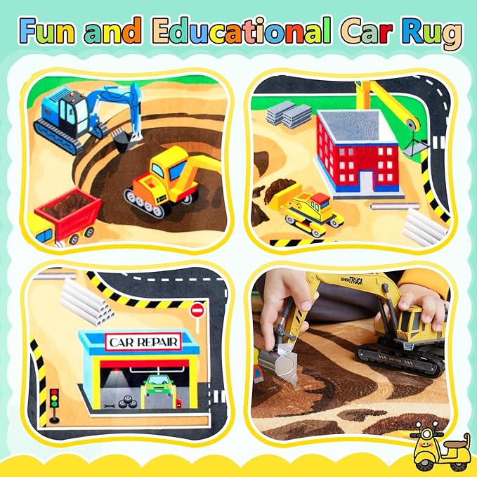 Kids 6x9 Ft Construction Site Play Rug, Baby Play Mat, Tufted Wool & Rubber, Non-Slip, Stain & Fade Resistant, Machine Washable, Rustic Cartoon Construction Site Pattern