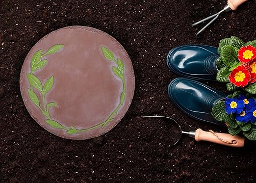NAT & Jules Floral Laurel Wreath Leaves Pattern Dimensional Indoor Outdoor 12 inch Round Cast Resin Decorative Garden Stepping Stone, Patio, Walkway Sculpture Yard Art, Green