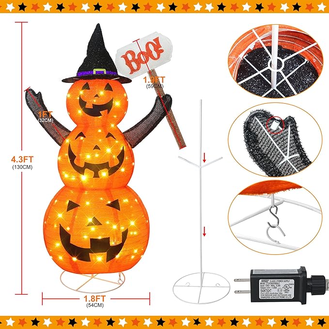 Halloween Decoration 4.3FT Retractable Jack-O-Lantern, 100 LED Collapsible Pumpkin Lantern with Black Star Hat, Plug in Halloween Lights with Stand for Indoor Outdoor Lawn Backyard Garden Decor