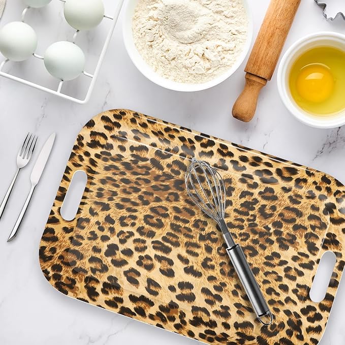 Serving Trays with Handles, 14.5 x 9.8 inch Rectangular Plastic Tray for Restaurant, Kitchen, Brown Leopard