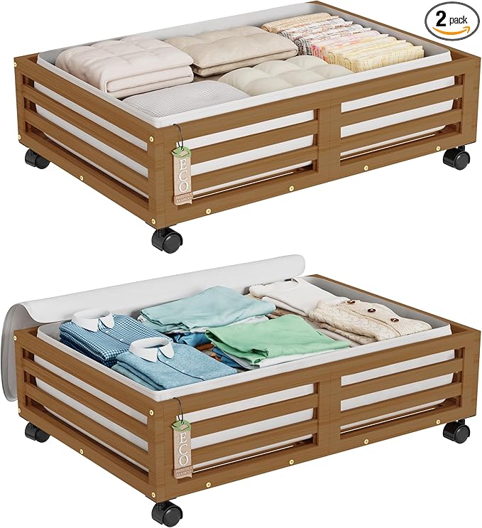 Bamboo Under Bed Storage Containers- Underbed Organizer with Wheels with Large Dust Bag,Sturdy Wood Rolling Under the Bed Shoe Storage Organizer Drawer 2 Packs (Walnut, Small)
