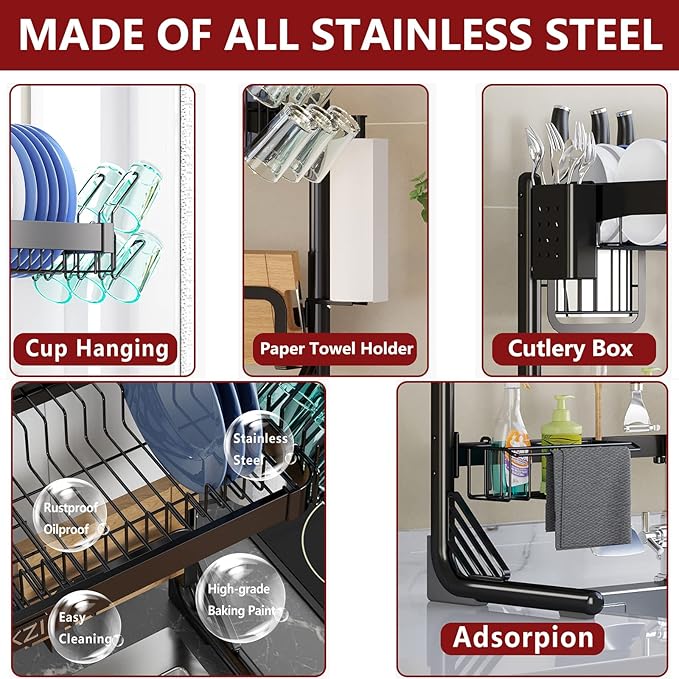 VNKZI Over Sink Dish Drying Rack, 2 Tier Full Stainless Steel Storage Adjustable Length (25.98'' to 36.61'') Kitchen Rack, Multifunctional Expandable Counter Organizer, Space Saver Dish Rack