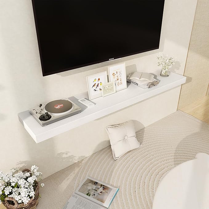 Fun Memories White Floating Shelves 55 Inch Long, 12 Inch Deep Floating Shelves for Wall, 55 x 12 Large Wall Shelf for Fireplace Mantel, 2 Inch Thick Storage Shelves for Living Room, Bedroom, 1 Pack
