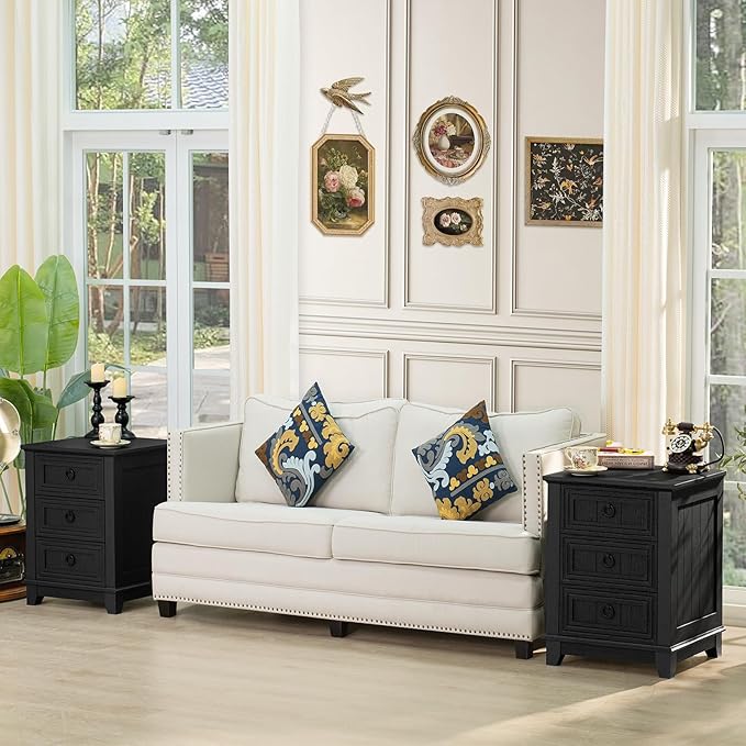 18" Farmhouse Night Stand with 3 Drawers, Wood End Table Dresser for Bedroom, Black Nightstand, Bed Side Table with Metal Handle, Bedside Cabinet for Bedroom Living Room, Closet