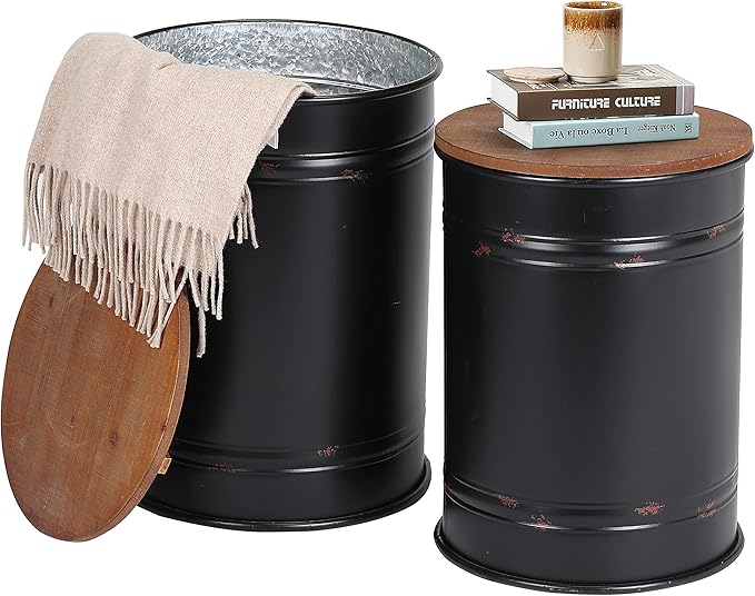 Rustic Storage Ottoman Seat Stool, Farmhouse Accent Side Table, Antique Galvanized Metal End Table Box Bin with Round Wooden Lid Set of 2 (Black)