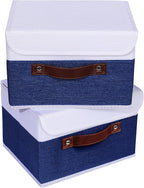 ANMINY 4PCS Storage Boxes with Lid Washable Decorative Storage Bin Basket with PU Leather Handle Foldable Linen Fabric Storage Cube Container for Home Closet Organizer - Deep Blue White, Small Size
