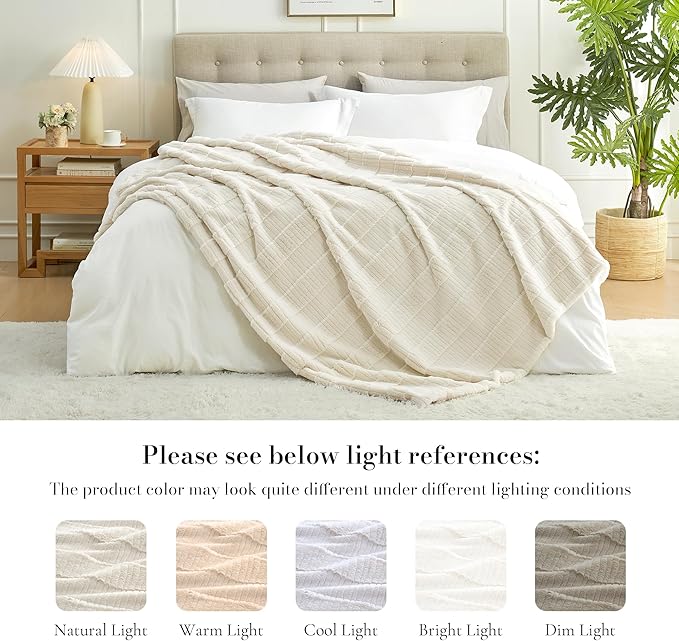 Amélie Home Luxury Striped Faux Fur Throw Blanket for Couch, Embossed Split Fur Cozy Fuzzy Fluffy Luxurious Soft Plush Sofa Chair Bed Gift Blankets for Women Men Wife Friend, 55"x70", Ivory