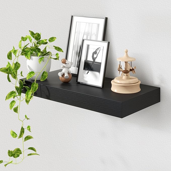 Deep Floating Shelves for Wall | 24 Inch Wide x 12 Inch Deep Black Floating Shelves | 24W x 12D Rustic Wood Wide Wall Shelves | Bookshelf Laundry Shelf TV Shelf