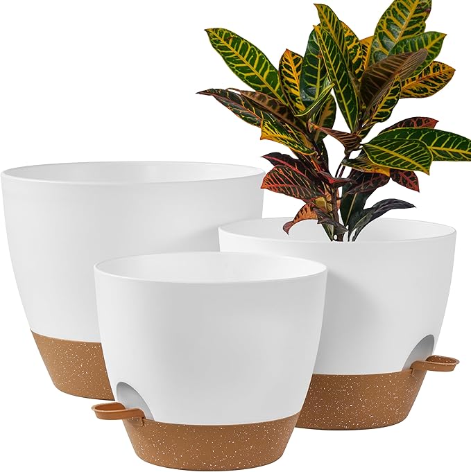 FaithLand 3-Pack Large Planter Pots, 12 10 9 Inch Self Watering Flower Pots for Indoor Outdoor Garden Plants, White with Brown