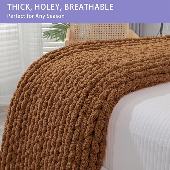 Bigacogo Chunky Knit Throw Blanket for Couch, 40x80 inches, 100% Hand Knitted with Thick Jumbo Chenille Yarn, Cozy Soft Large Rope Knot Cable Crochet Blankets for Sofa Bed Living Room, Caramel