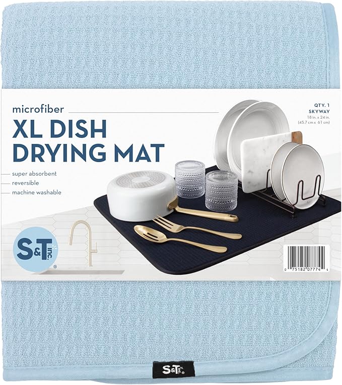 S&T INC. Dish Drying Mat XL, 18” x 24”, Absorbent Microfiber Kitchen Counter Mat, Dish Drying Pad for Dishes, Utensils, Pots and Pans, Extra Large, Sky Blue
