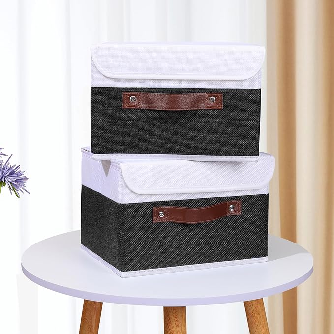 ANMINY 2PCS Storage Boxes with Lid Washable Decorative Storage Bins Basket with PU Leather Handle Foldable Linen Fabric Storage Cubes Containers for Home Closet Organizer - Black White, Small Size