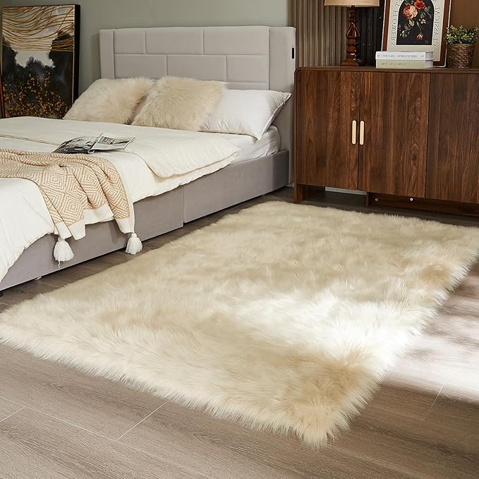 AMTOVO Faux Fur Sheepskin Rug for Living Room, 4 x 6 ft Beige Fluffy Area Rug for Bedroom, Playroom, Luxury Room Decor, Rectangle