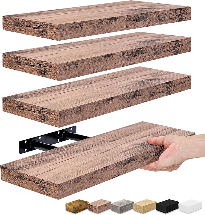 Sorbus Floating Shelves for Wall, Bathroom Shelves Wall Mounted for Kitchen, Bedroom, Living Room, Bathroom Storage, Over Toilet, Hanging Book Shelf for Wall Home Decor (Mahogany, 4 Pack)