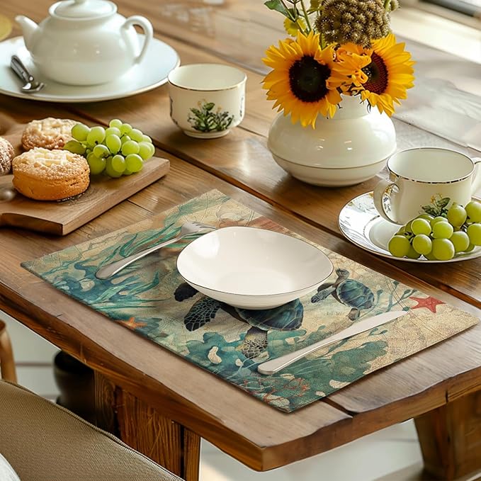 Sea Turtle Placemats Set of 4 Summer Beach Seasonal Linen Table Mats 12x18 Inch Vintage Ocean Animal Heat Resistant Washable Non-Slip Place Mats for Party Kitchen Dining Decoration