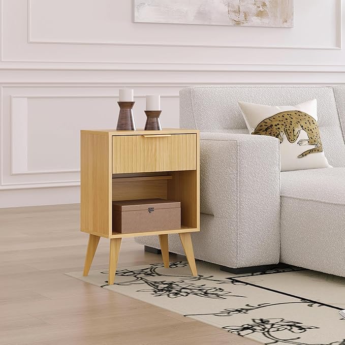 Fluted Night Stand with Opening Storage,Mid Century Bedside Table with Drawer,Wood Nightstand with Solid Wood Legs,End Table Side Table for Living Room,Bedroom,Natural CTG56Y