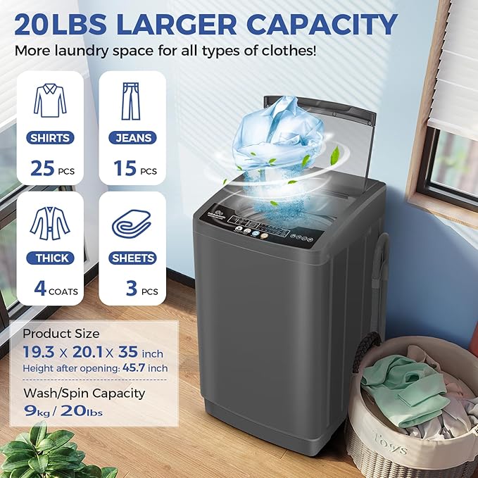 Nictemaw Portable Washing Machine, 20Lbs Capacity Full-Automatic Portable Washer Machine, 2.8Cu.ft Compact Laundry Machine with Drain Pump, 10 Programs & 8 Water Levels for Apartment Dorm RV