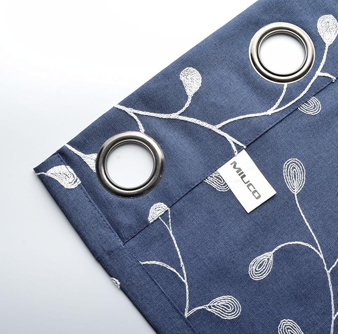 MIUCO Floral Embroidery Semi Sheer Curtains Faux Linen Grommet Window Curtains for Living Room 52 x 63 Inch 2 Panels, Navy Blue