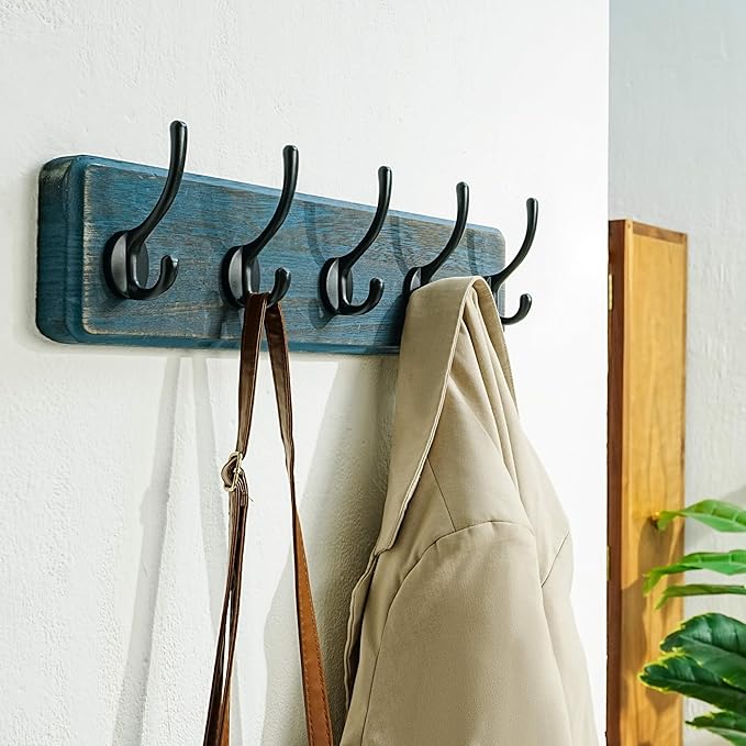 Dseap Coat Rack Wall: Patented, Heavy-Duty, 5-Double-Hooks Wooden Wall Mounted Coat Rack Coat Hanger Hook Rail for Winter Coats Hat Jacket Clothing, Weathered Blue, Pack of 2