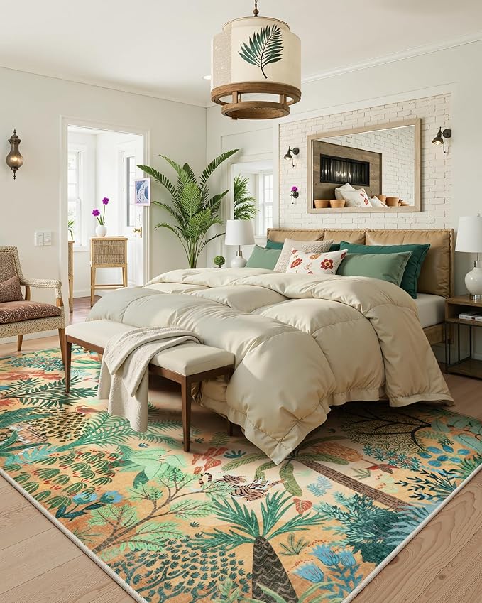 LIVEBOX Washable Jungle Animal Print 6 x 9 Area Rug for Dining Room, Non-Skid Yellow Kids Carpet Playmat Rug for Play Room, Soft Nursery Rugs for Girl Dorm, Kids Rugs for Bedroom Boys