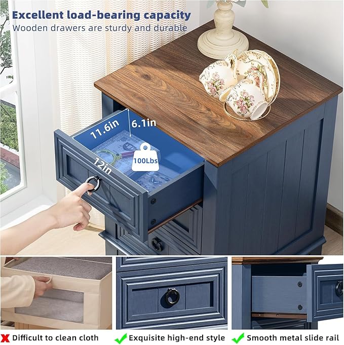 18" Farmhouse Night Stands Set of 2 with Charging Station, 2 & 3 Drawers End Table Dresser for Bedroom, Blue Wooden Nightstand, Bed Side Table with Open Shelf, Bedside Cabinet for Living Room
