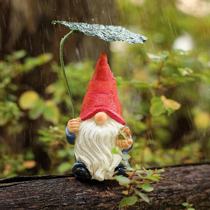 Garden Gnome Statue Decoration with Leaf Umbrella, 6.5” Figurine Ornament for Indoor Outdoor Home Patio Yard Lawn, for Gnome Lovers & Garden Enthusiasts，Mom，Women