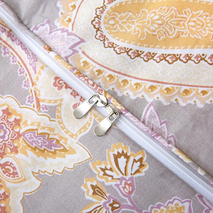 ABREEZE Paisley Bedding Sets 3Pcs Brushed Cotton Duvet Cover Set Queen Size Rustic Damask Gold Floral Comforter Cover with Zipper Closure Boho Bedding Collections
