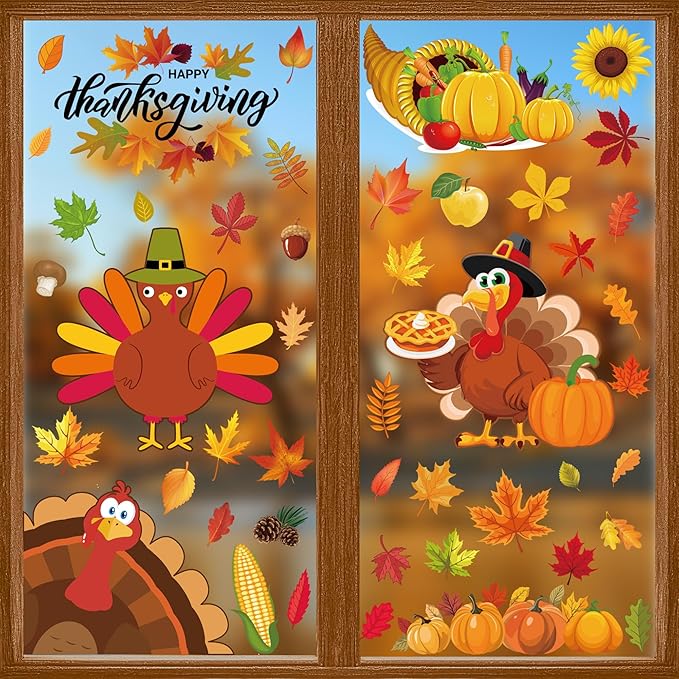 9 Sheets Thanksgiving Window Clings, 115PCS Thanksgiving Decorations Window Stickers, Turkey Decal Stickers with Cute Cones Nuts Maple Leaves Patterns for Fall Harvest Decorations Decor Accessories