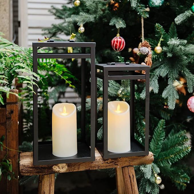 HPC Decor Black Metal Candle Lanterns Set of 2- Lanterns Decorative w/ LED Timer Candles- 15.8'' & 12.6'' Chunky Modern Farmhouse Lantern Decor for Indoor,Outdoor,Fireplace,Porch (No Glass)
