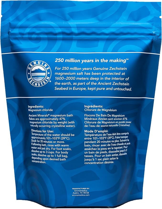 Ancient Minerals Magnesium Bath Flakes of Pure Genuine Zechstein Chloride - Resealable Magnesium Supplement Bag That Will Outperform Leading Epsom Salts 1.65 lbs