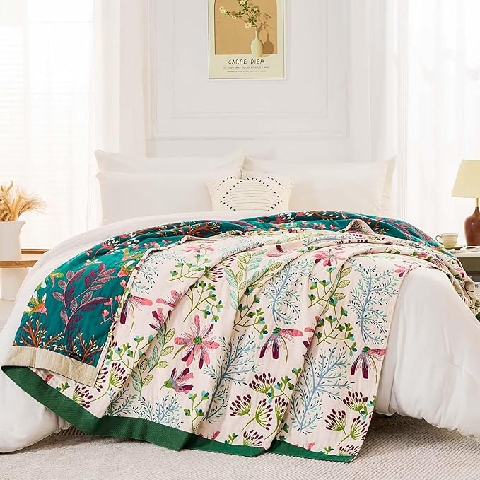 Boho Throw Blanket for Bed, 100% Cotton Soft Rustic Quilt Fall Blanket, 80" 90" Floral Printed Farmhouse Decor Bed Blankets, All Season Rustic Reversible Bohemian Throw Quilt