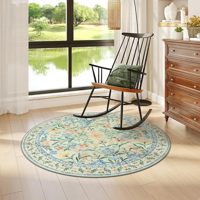 Wonnitar Washable Round Area Rug, 5ft Green Floral Round Rug Boho Soft Circle Carpet, Non Slip Low Pile Circle Accent Carpets for Kitchen Living Room Entryway Bedroom