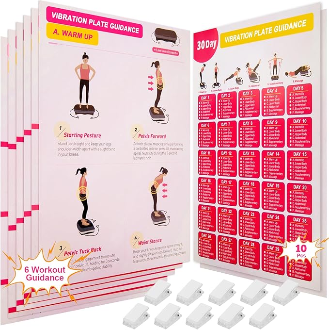Vibration Plate Exercise Machine Poster - Upgraded 6 Workout Guidance & 10 Pcs Planner & 10 Pcs Double-Sided Clips, Comprehensive Whole Body Wave Vibrating Workout Chart, Pink