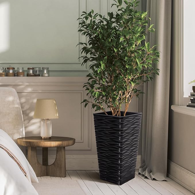 Worth Garden 2-Pack 22" H. Black Square Tapered Planter with Inside Pots - Plastic Plant Pots for Indoor Outdoor - Modern Wavy Finish Decorative Flower Pots for Front Porch Containers Patio Deck