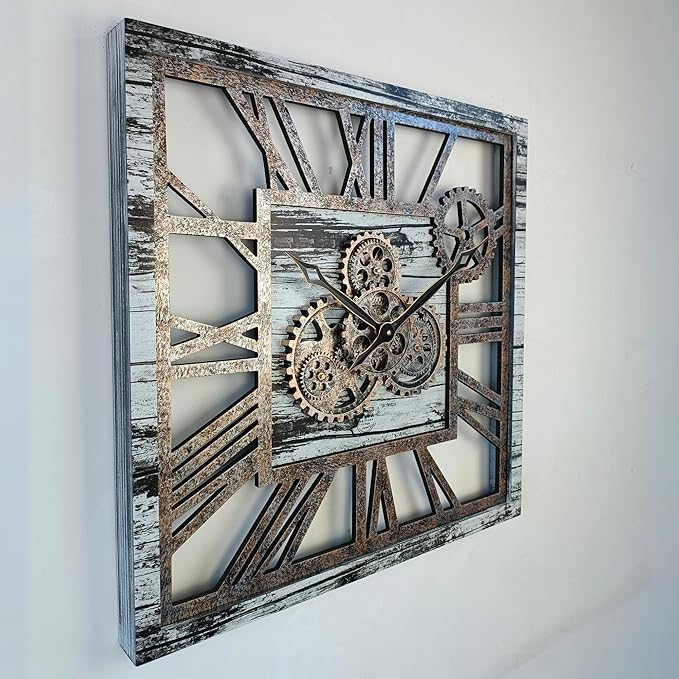 The Gears Clock 24'' Inch Square Real Moving Gear Wall Clock Vintage Industrial Oversized Rustic Farmhouse (Grey and White)
