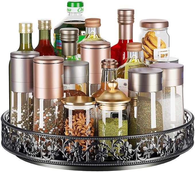 Lazy Susan Turntable Organizer, 13 inch Large Rotating Spice Rack Lazy Susan for Dining Table Top Cabinet Countertop Pantry Kitchen Cupboard Bathroom Black