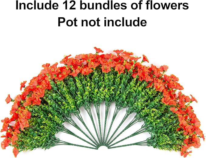 Artificial Fall Flowers Fake Plants for Outdoors Autumn Decoration, 12 Bundles Orange Silk Morning Glory with Eucalyptus Look Real UV Resistant Faux Flowers for Outside Planters Front Door Yard Indoor
