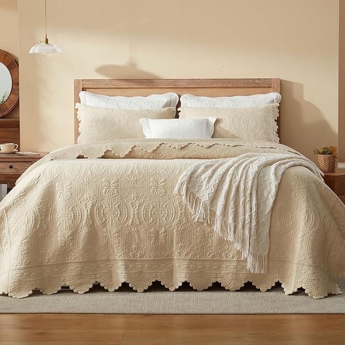 MarCielo 3-Piece 100% Cotton Oversized Bedspread Lightweight Quilt Coverlet Embroidery Farmhouse Bedding Set(TL Beige,Oversized Queen (100"x106"))