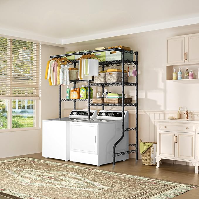 Ulif U13 Medium Over Washer and Dryer Storage Shelves, 6 Tiers Laundry Room Standing Shelf with 2 Hanger Rods, Space Saver Clothes Drying Rack, 57.8" W x 22" D x 77.4" H, Black