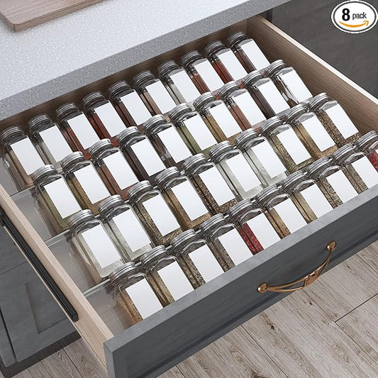 Antimbee Spice Drawer Organizer, 4 Tier- 8 Pack Kitchen Spice Rack Tray for Drawer, Expandable From 13" to 26" Acrylic Seasoning Organizer Rack Holds up 56 Spice Jars (Jars not Include)