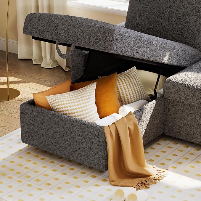 VanAcc Sofa Bed, Sleeper Sofa with Storage Chaise- 2 in 1 Pull Out Couch Living Room, Comfy Sleeper Couch, Grey Boucle