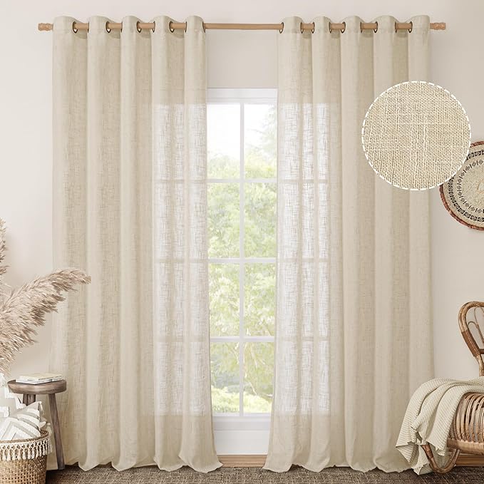 LAMIT Linen Curtains 84 Inches Long for Living Room, Bronze Grommet Light Filtering Window Treatments Semi Sheer Modern Drapes for Bedroom,2 Panels Set 60 x 84 Inch, Linen