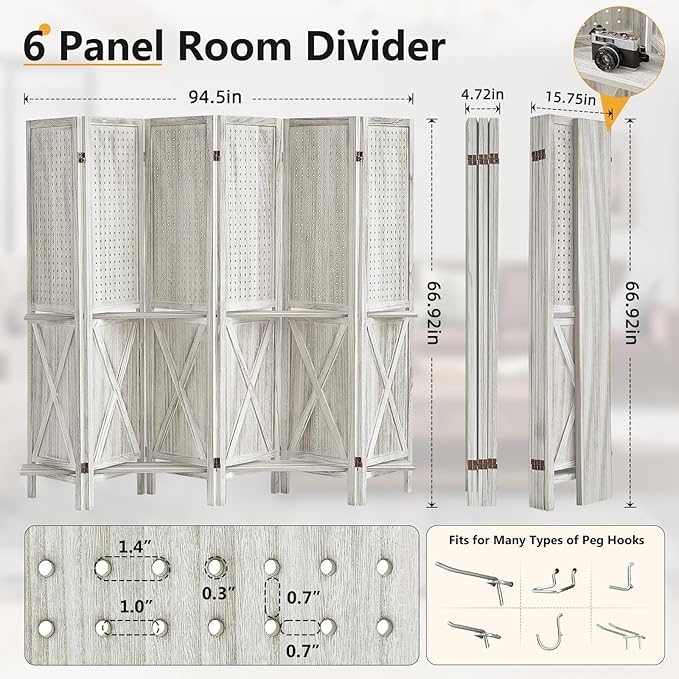 6 Panel Pegboard Display with 24 Hooks, Wooden Pegboard Room Divider Wall with Shelf, Rustic Room Dividers and Folding Privacy Screens, Bedroom, Jewelry Store, White