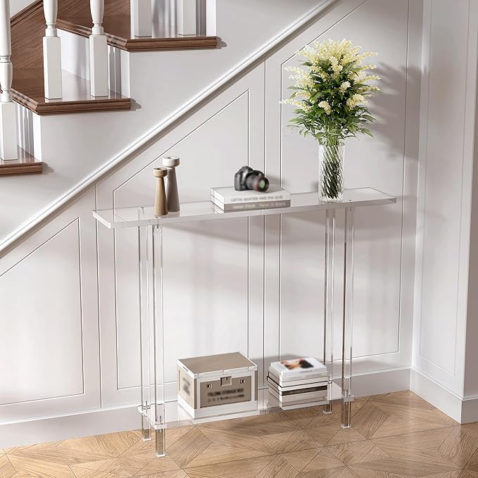 Acrylic Narrow Console Table for Entryway, 7.6" D x 39.4" W x 31.5" H, Square Legs, Skinny Entry Table for Sofa, Foyer, Hallway, Living Room, Modern, 2-Tier, Clear
