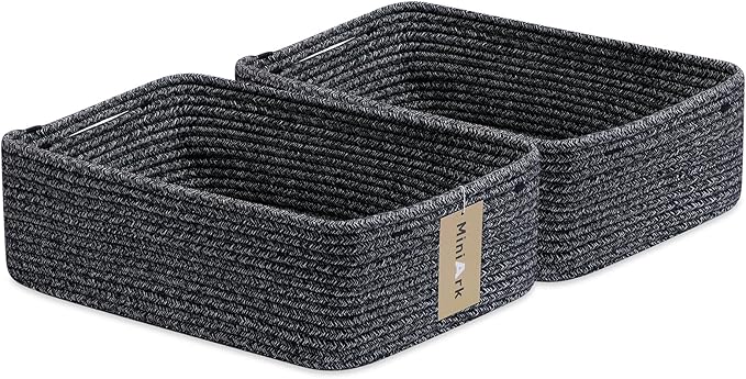 Large Shallow Organizing Baskets 15x11x5.1 Inches - Rope Woven Storage Bins for Bathroom, Shelves, Cube Closet, Mixed Black 2 Packs